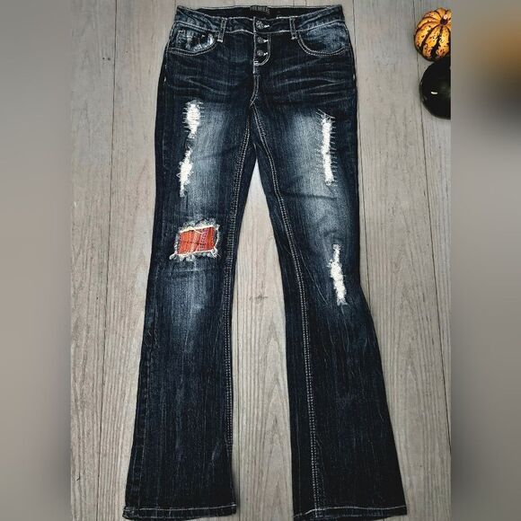 RUE 21 PREMIERE DENIM SIZE 3/4 LOW RISE patchwork lace up slim boot cut jeans - Picture 1 of 13